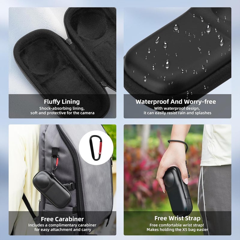 BRDRC Insta 360 X5 Case Bag + Silicone Lens Cap + 2 Pack Screen Protector Accessories Kit Carrying Case with Wrist Strap and Carabiner for Insta360 X5 X4 Protective Bundle - Image 3